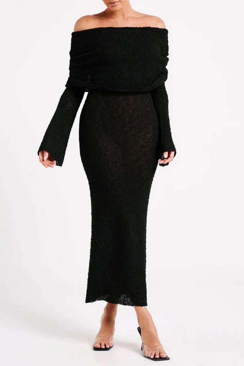 CWDMD5272_BEACH FRENCH KNIT OFF-THE-SHOULDER DRESS