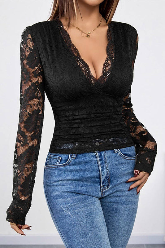 CWTBLL4038_BLACK V-NECK LONG SLEEVE LACE TOP