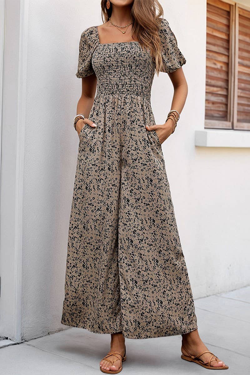CWSJS1277_SQUARE NECK PUFF SLEEVE WIDE LEG PRINT JUMPSUIT