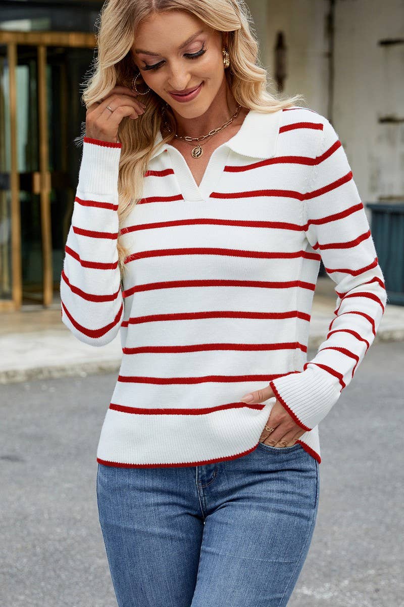 CWOSWL07719_CASUAL STRIPED LAPEL KNITTED LONG-SLEEVED TOP