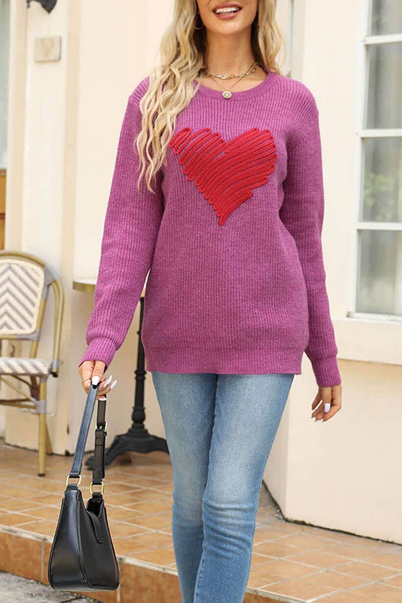 CWOSWL5811_HEART EMBROIDERED LOOSE CREW NECK SWEATER