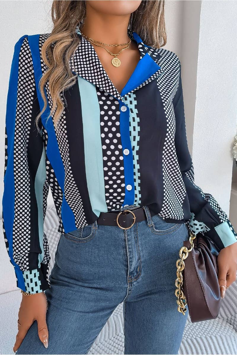 CWTSTL1204_SUMMER POLKA DOT SUIT COLLAR LONG SLEEVE SHIRT