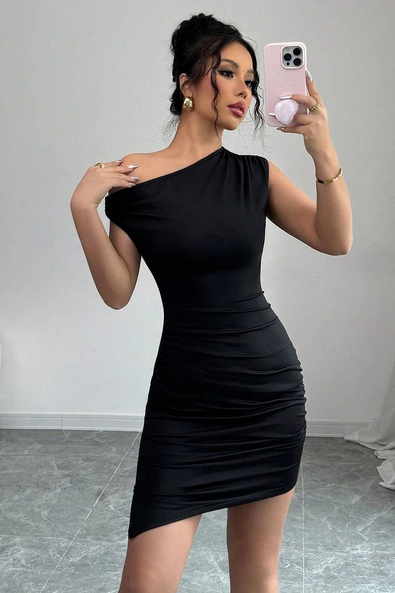 CWDSD8260_SLEEVELESS ASYM NECK RUCHED BODYCON DRESS