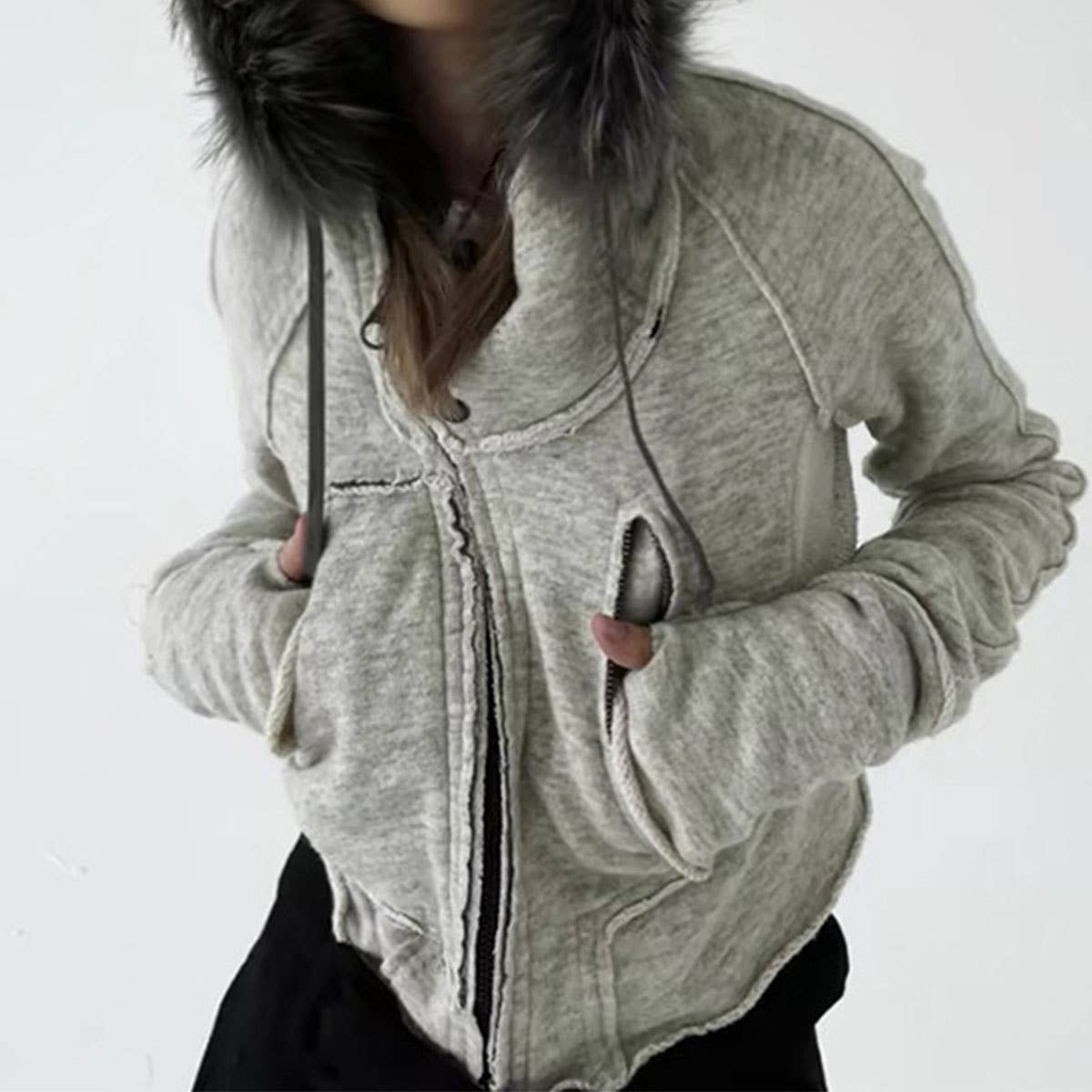 DESIGN SENSE ASYMMETRICAL FURRY HOODED ZIP COAT_CWOCO0984