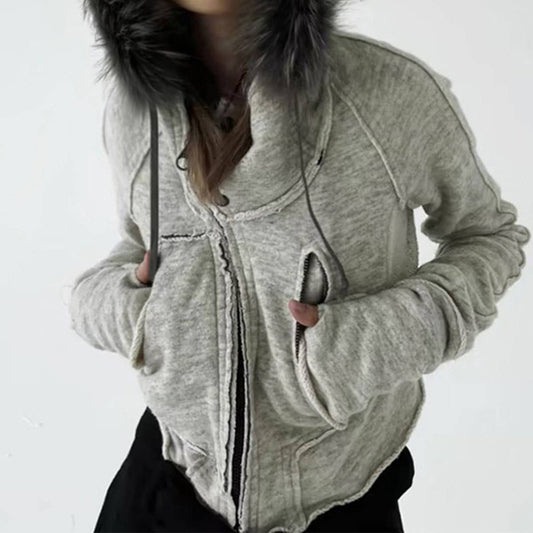 DESIGN SENSE ASYMMETRICAL FURRY HOODED ZIP COAT_CWOCO0984