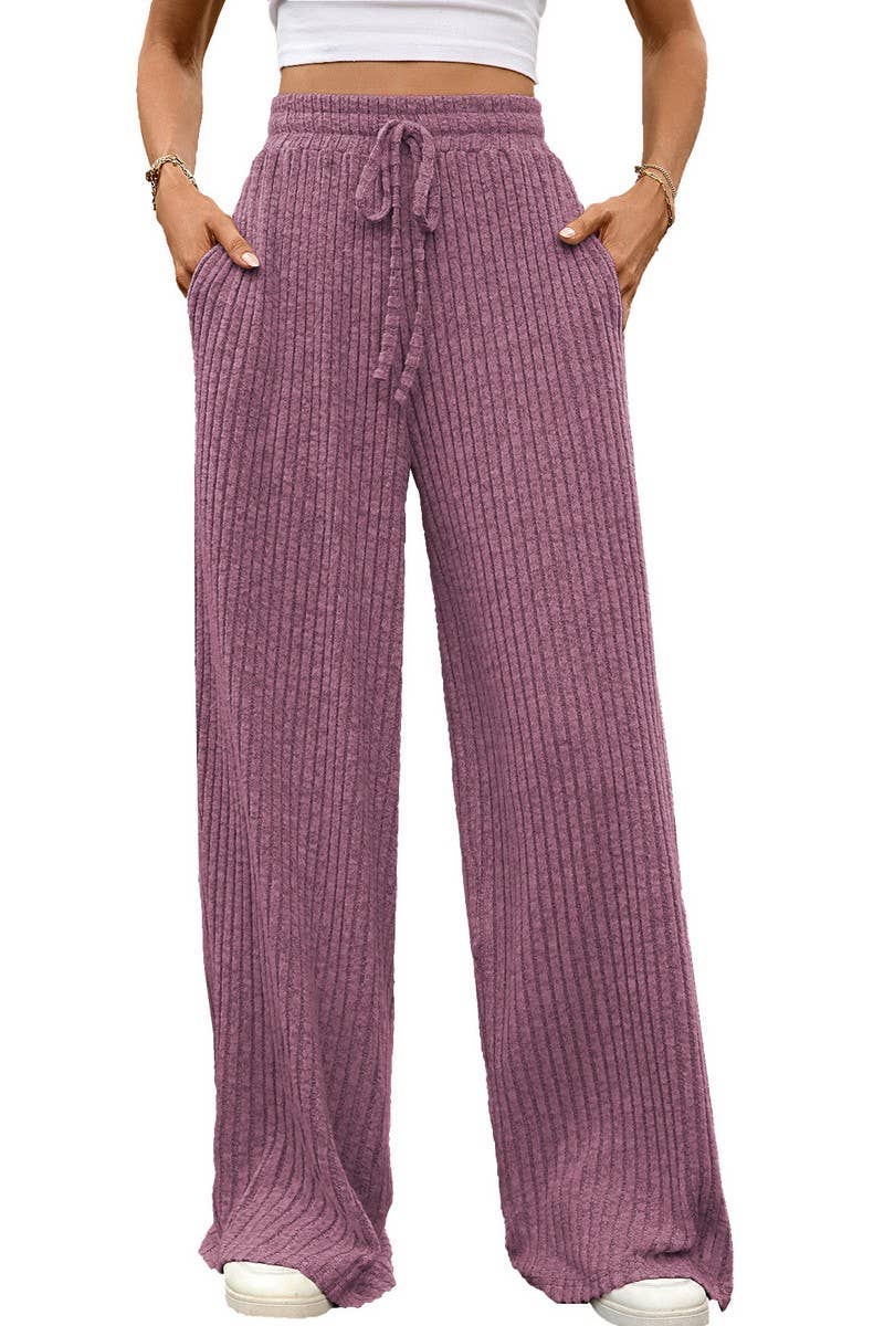 CWBLP01093_SOLID DRAWSTRING RIBBED WIDE LEG PANTS