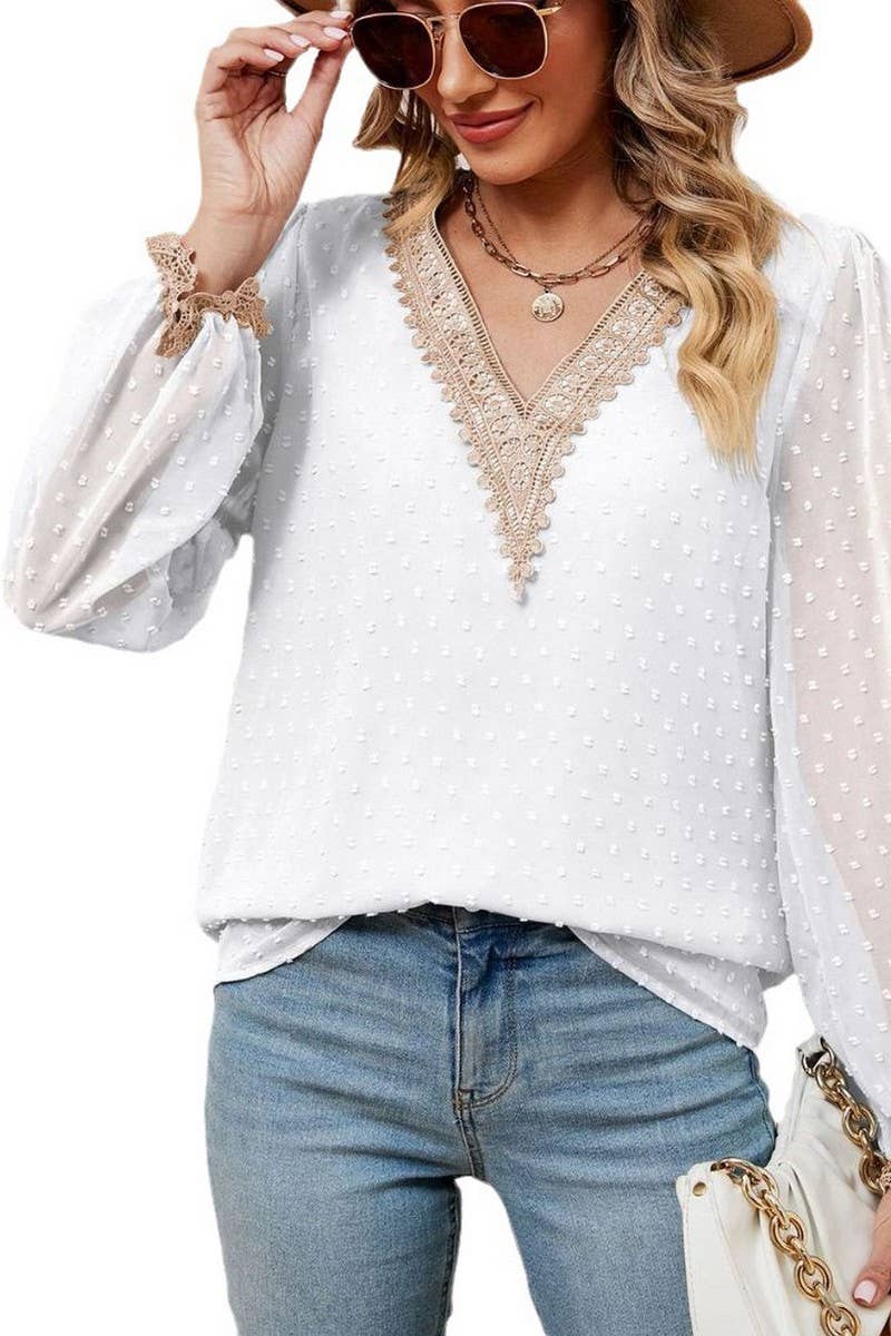 CWTBLL2386_JACQUARD V-NECK LONG-SLEEVED CHIFFON SHIRT TOP