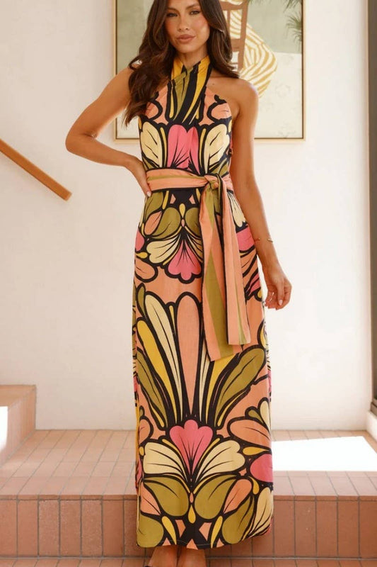 CWDHL1000_SUMMER HALTER NECK BELT WAIST RESORT LONG DRESS