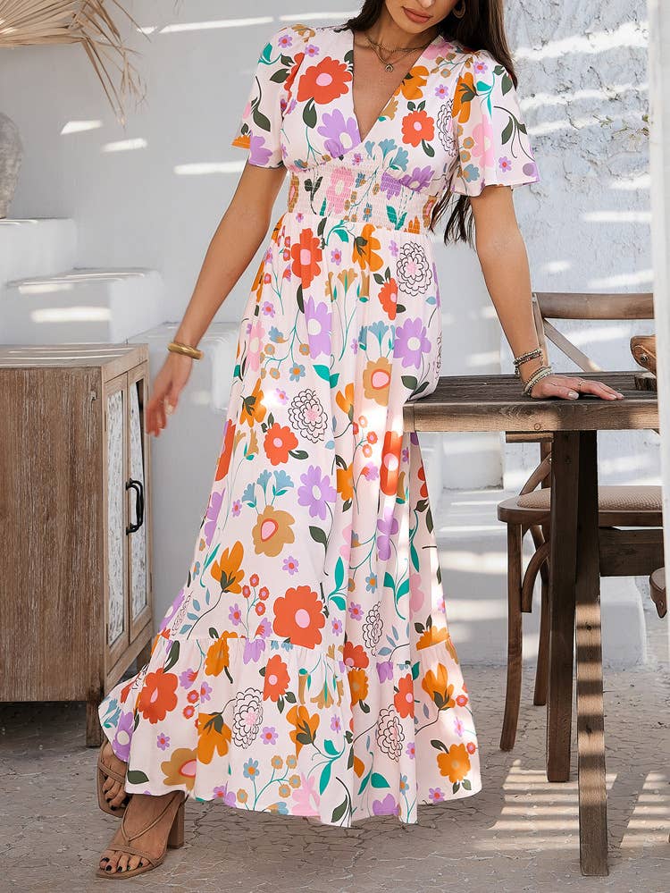 Bohemian Floral V-Neck High-Waist Dress