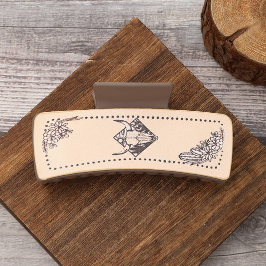 Western Bull Print Leather Hair Claw for Women