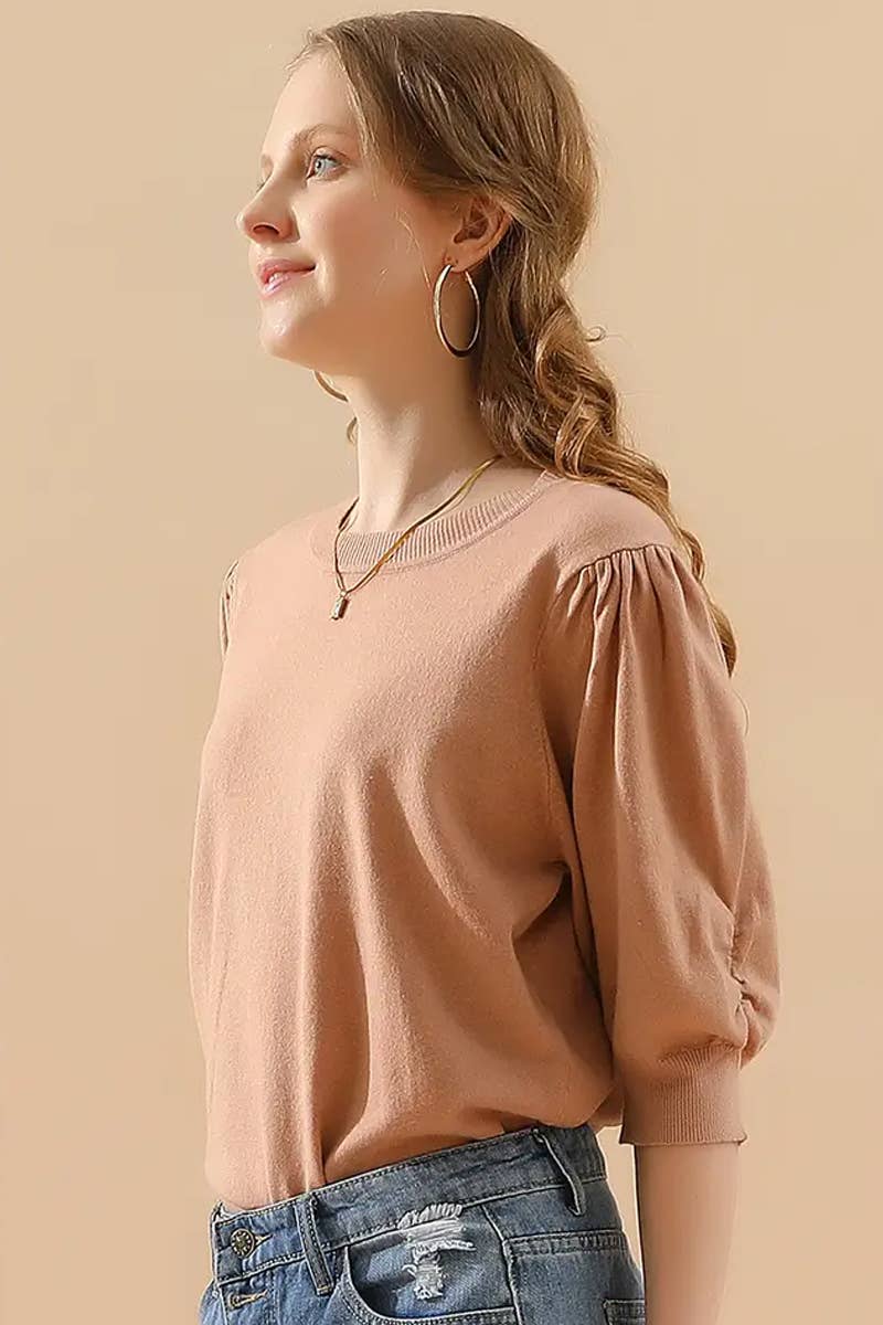 CWTTS1310_SPRING AND SUMMER ROUND NECK PLEATED SWEATER