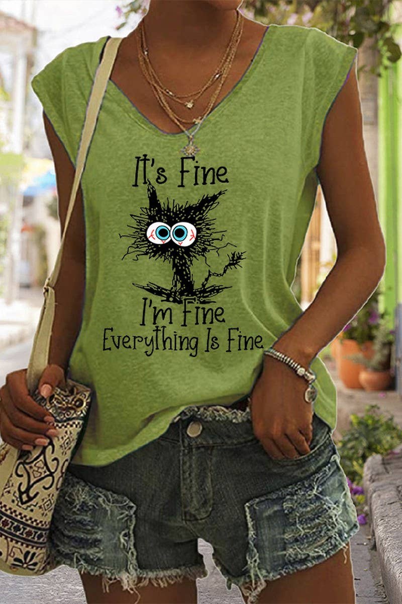 CWTTSL0258_V-NECK PRINTED LOOSE SLEEVELESS T-SHIRT