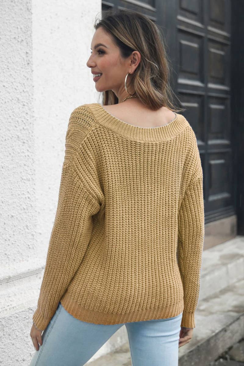 CWOSWL6407_WINTER SOLID COLOR V-NECK LONG-SLEEVED SWEATER