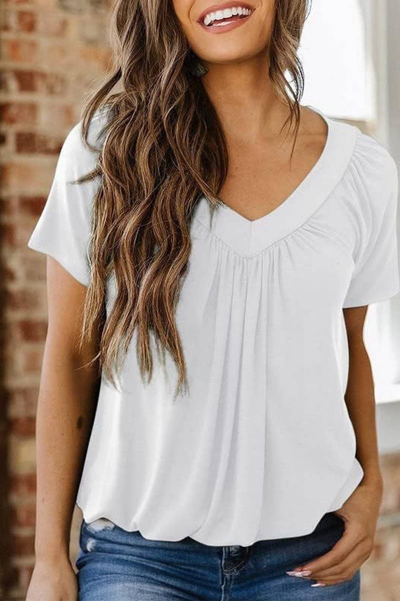 CWTBLS1820_SUMMER NEW V-NECK PLEATED LOOSE T-SHIRT