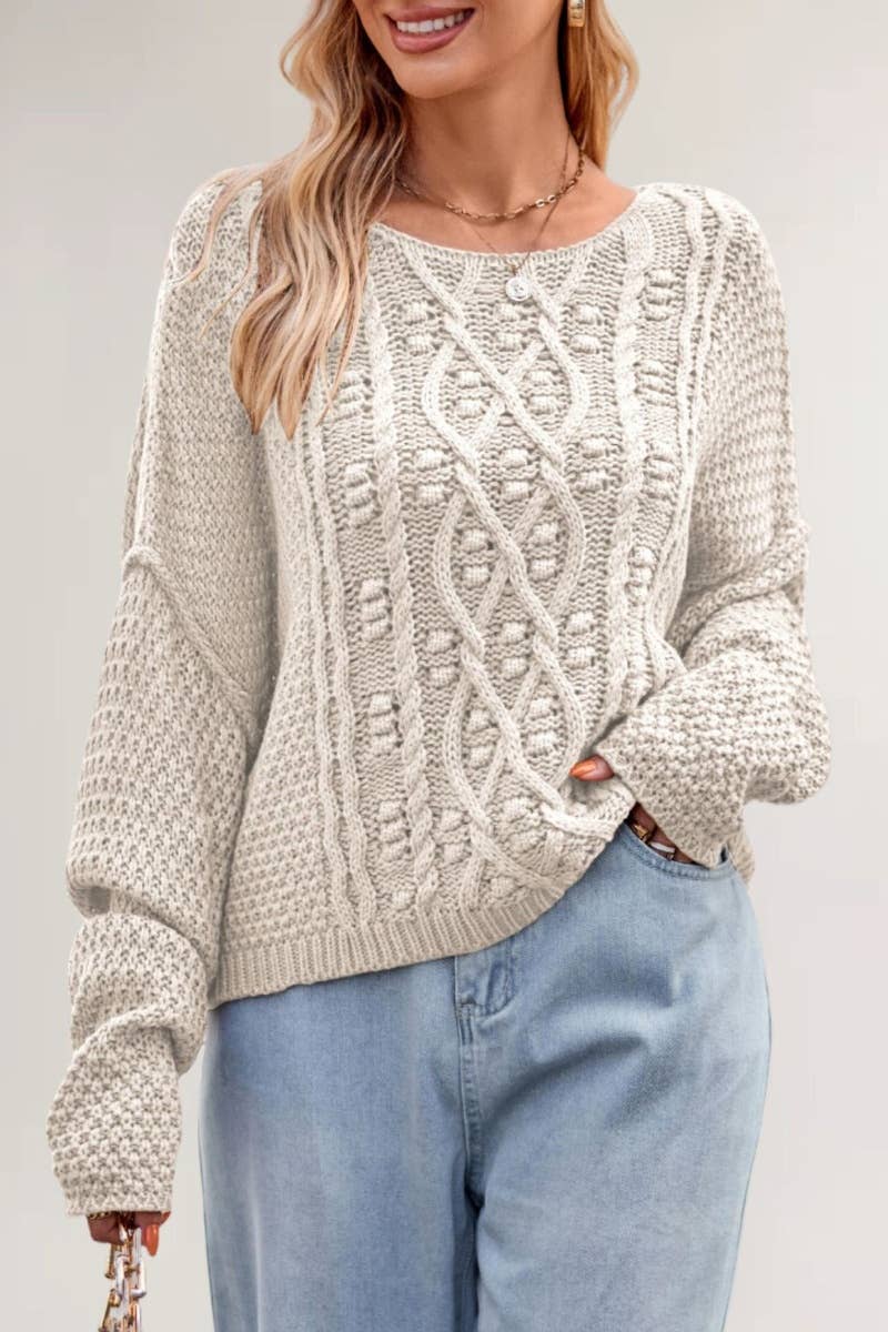 CWOSWL5791_AUTUMN WINTER CREW NECK LONG SLEEVE TWIST SWEATER