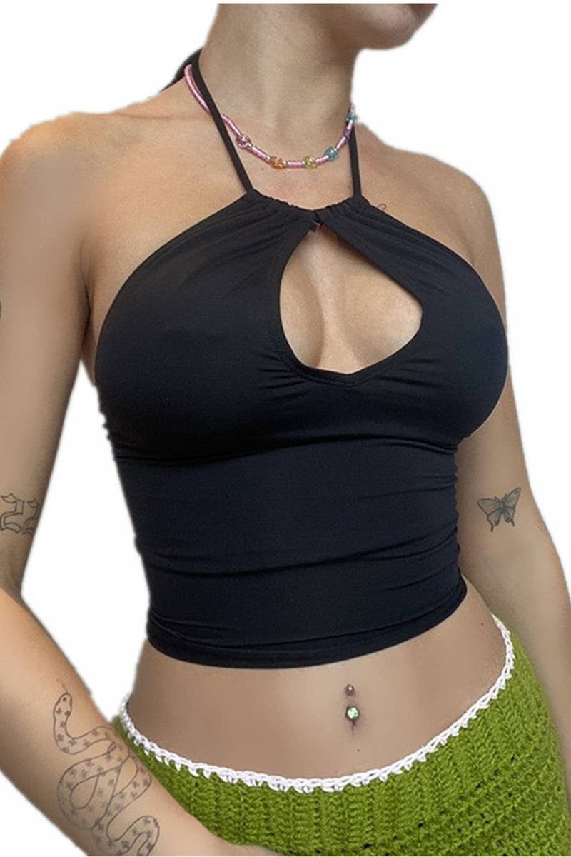 CWTTSL0519_HALTER SOLID COLOR CASUAL SHORT SLEEVELESS TOP