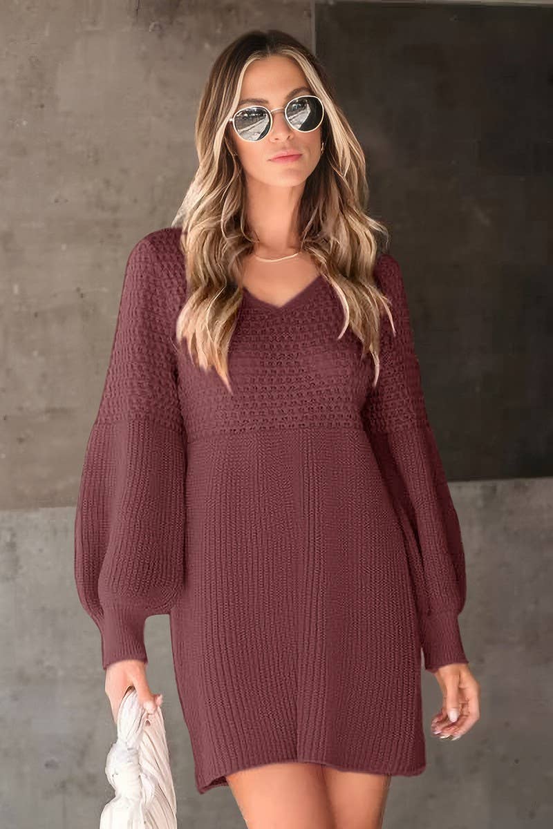 CWDSD10582_V NECK PUFF SLEEVE SOLID KNIT SWEATER DRESS
