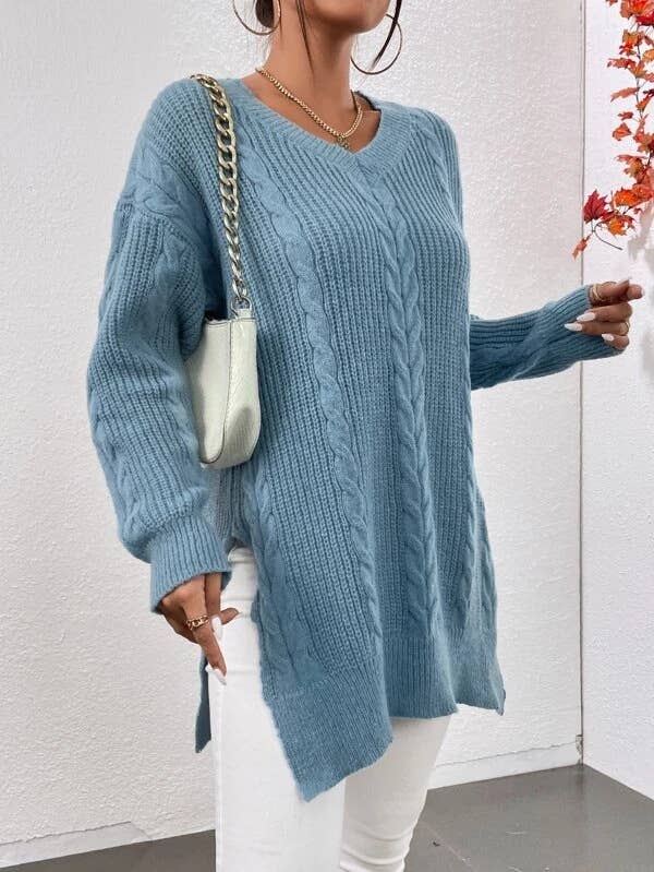 CWOSWL1380_V-Neck Casual Long Sleeve Pullover With Side Slit