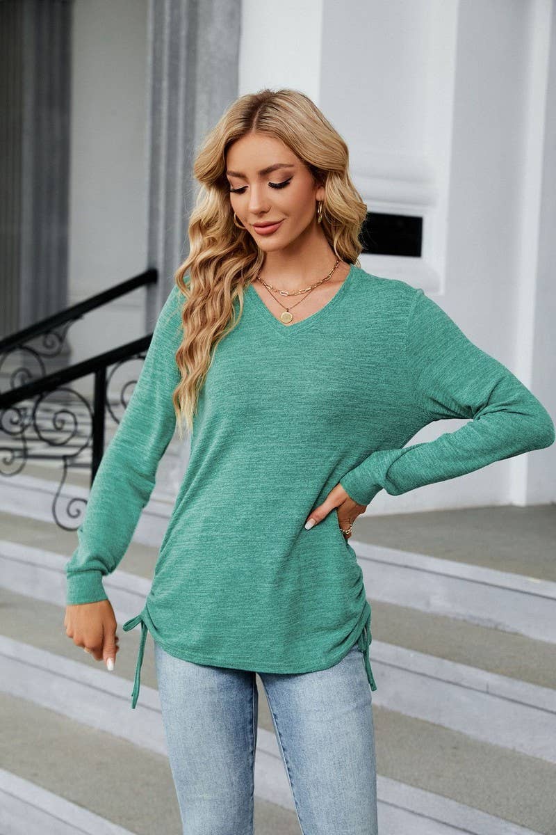 CWTBLL3662_WOMEN'S V-NECK PLEATED LONG SLEEVED LOOSE T-SHIRT