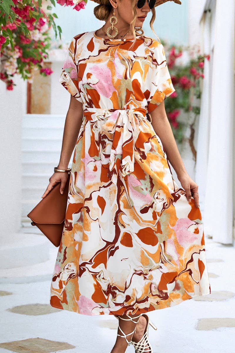 CWDMD2770_ROUND NECK PRINTED LACE-UP MAXI DRESS