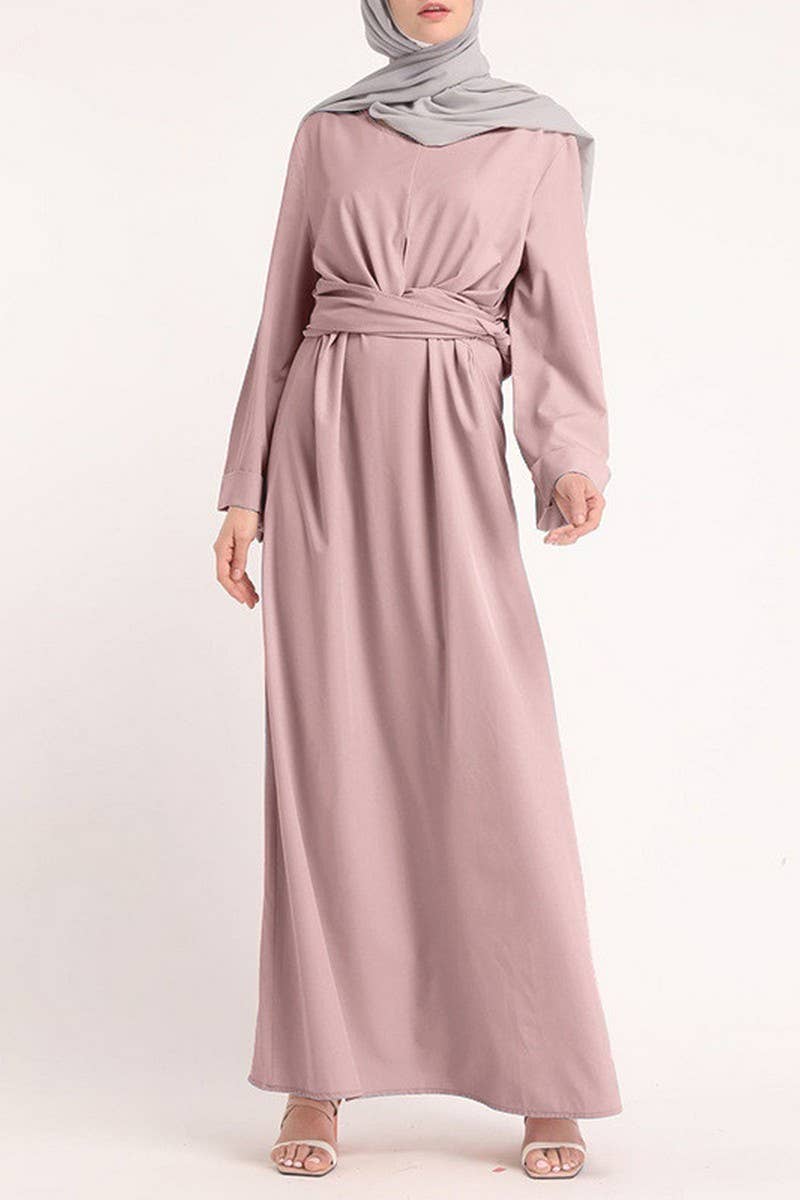 CWDMD3262_MUSLIM SOLID COLOR BELTED ROBE DRESS