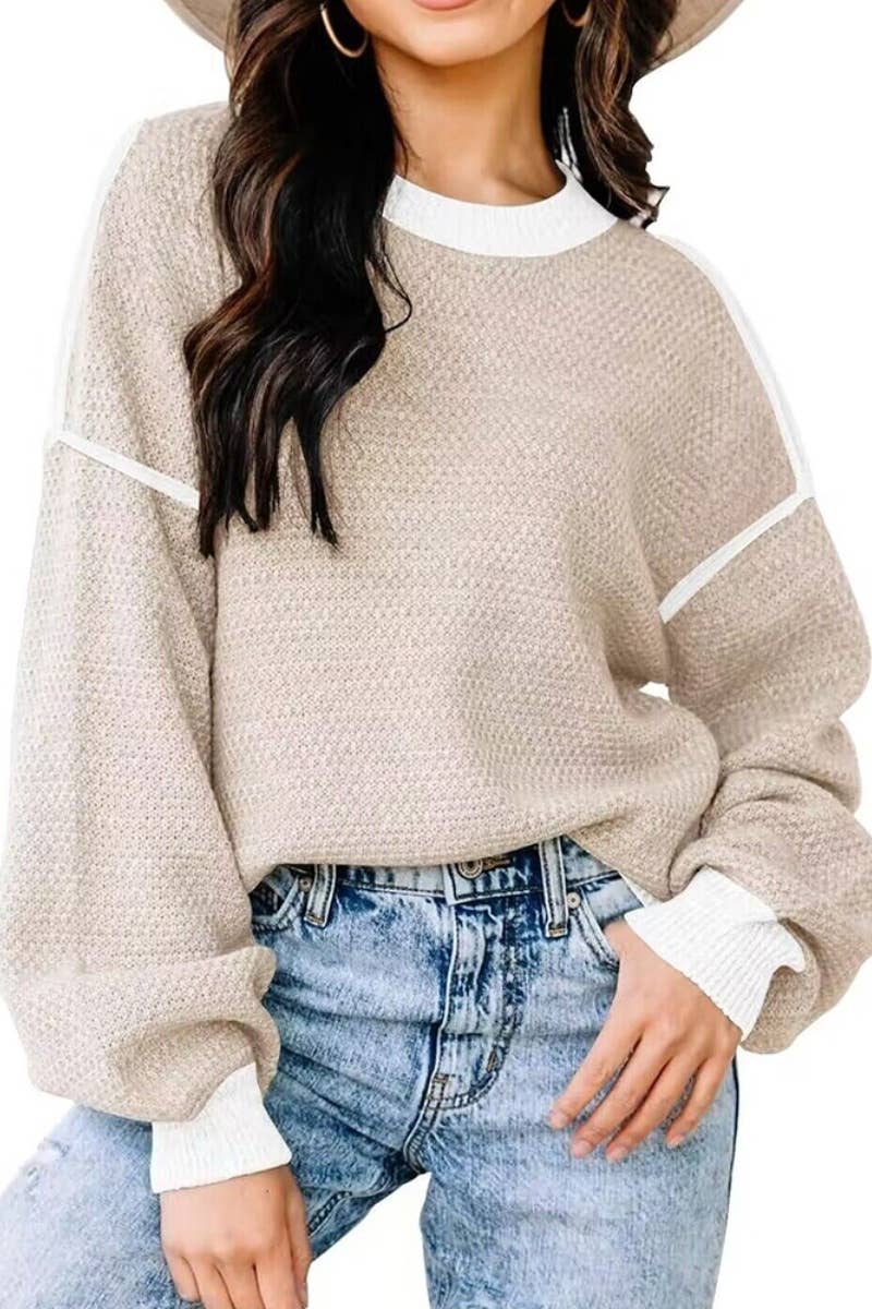 CWOSWL5180_CREW-NECK PATCHWORK LONG-SLEEVED SWEATER