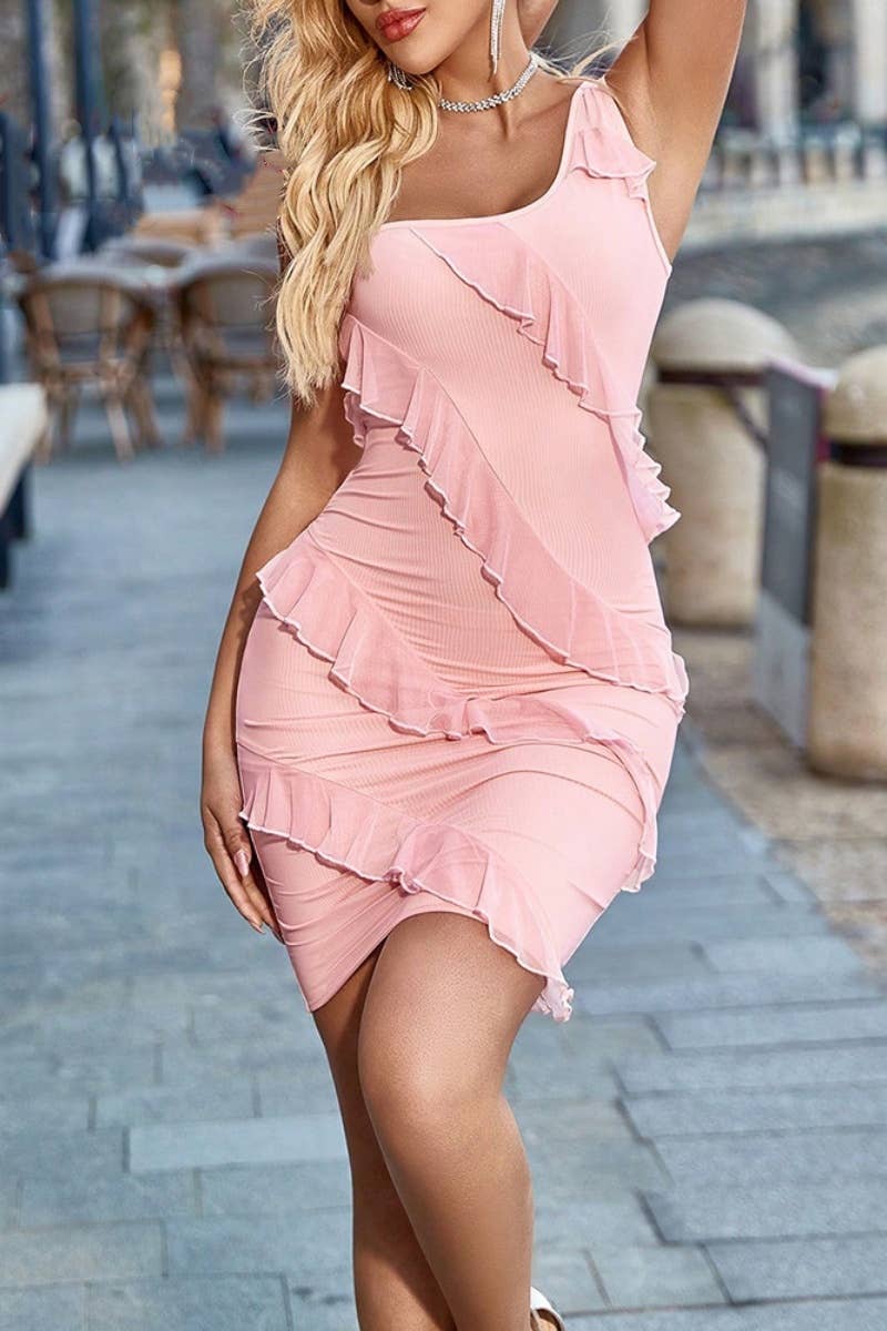 CWDSD4298_SEXY ONE-SHOULDER RUFFLED SKIRT SKIRT SHORT DRESS