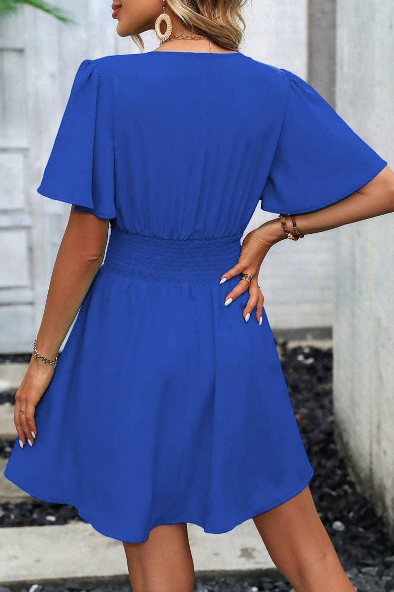 CWDSD7143_V-NECK LOTUS LEAF SLEEVE SOLID COLOR SKIRT DRESS