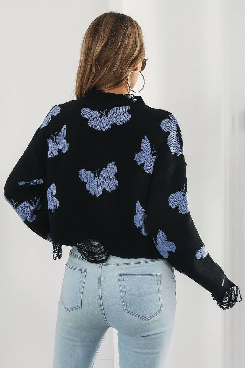 CWOSWL6376_RIPPED BUTTERFLY JACQUARD LONG-SLEEVED SWEATER