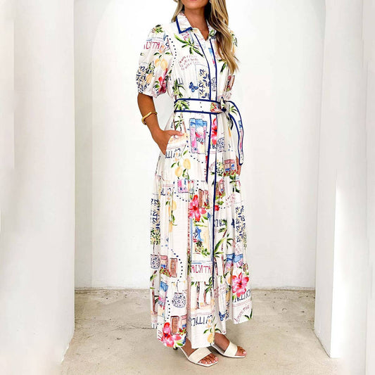 Floral printed lace-up short-sleeved dress
