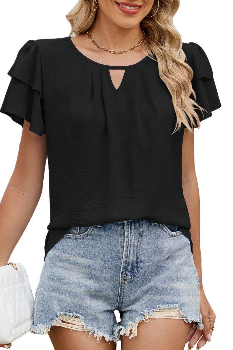 CWTBLS1737_V-NECK HOLLOW DOUBLE-LAYER SLEEVE CHIFFON TOP