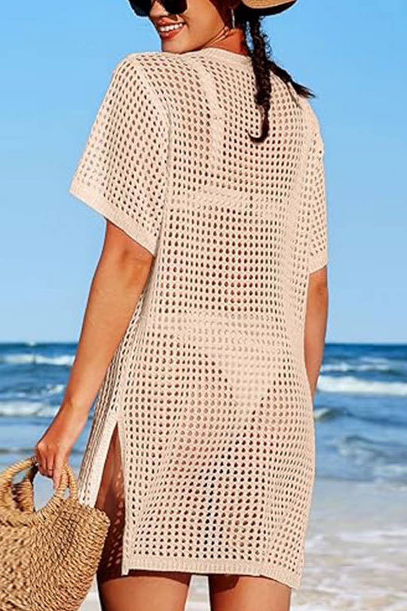 CWTBLS1641_HOLIDAY HOLLOW KNIT SHORT SLEEVE BEACH COVER UP