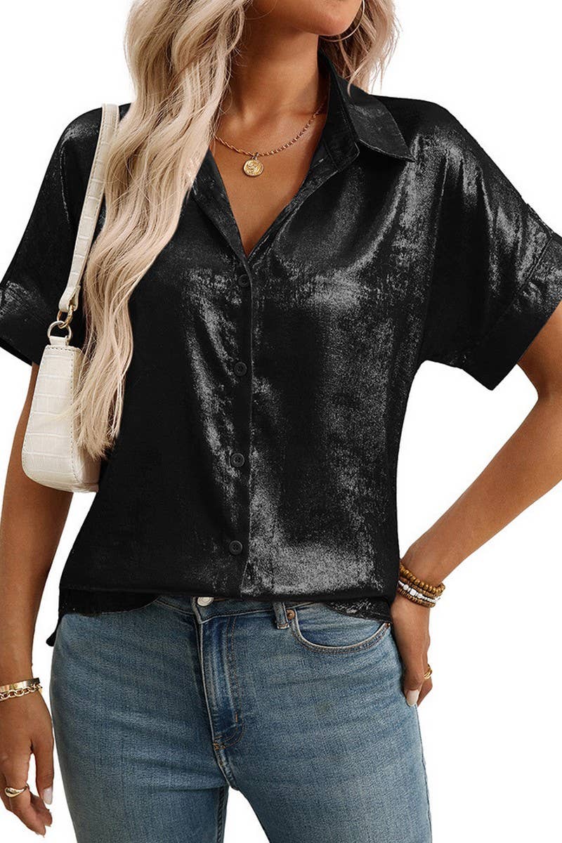 CWTBLS2257_METALLIC COLLARED SHORT SLEEVE RELAXED SHIRT