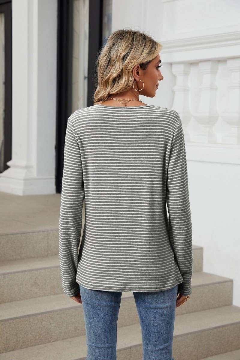 CWTBLL2353_ROUND NECK BUTTON LONG SLEEVE STRIPED CASUAL TOP