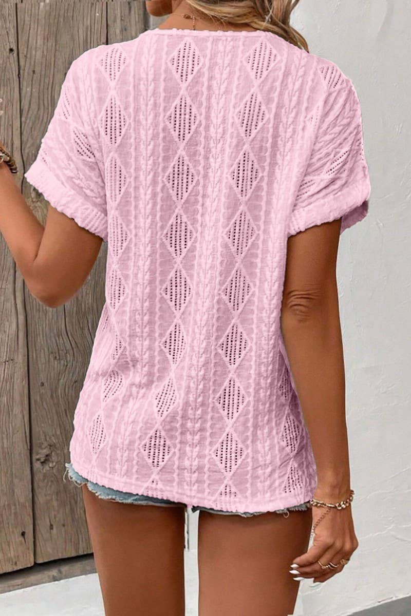 CWTBLS1794_V-NECK BUTTON-DOWN SHORT-SLEEVED TOP T-SHIRT