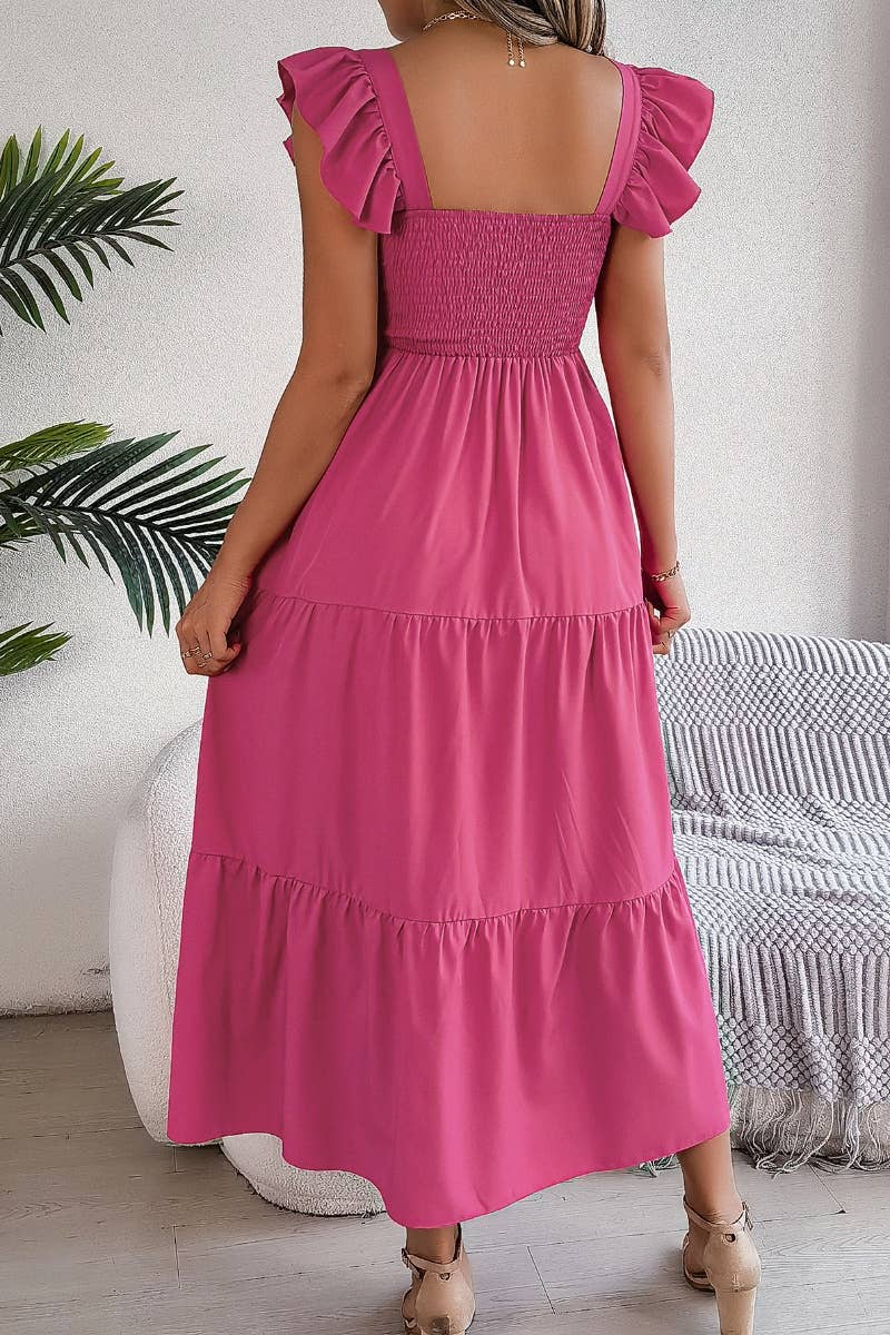 CWDMD2662_A-LINE DRESS WITH SQUARE COLLAR WOODEN EAR EDGE