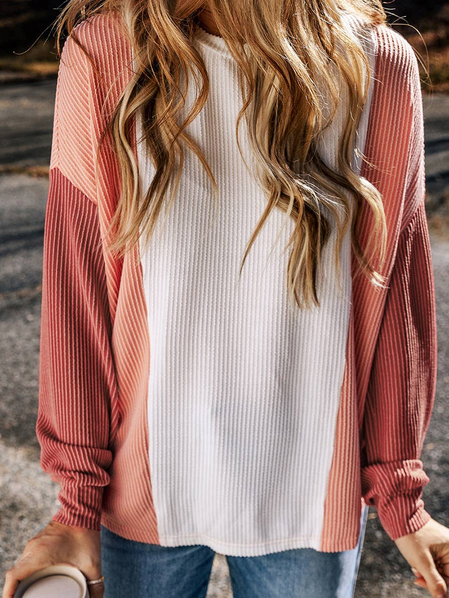 CREW-NECK COLOR CONTRAST LOOSE PULLOVER SWEATER