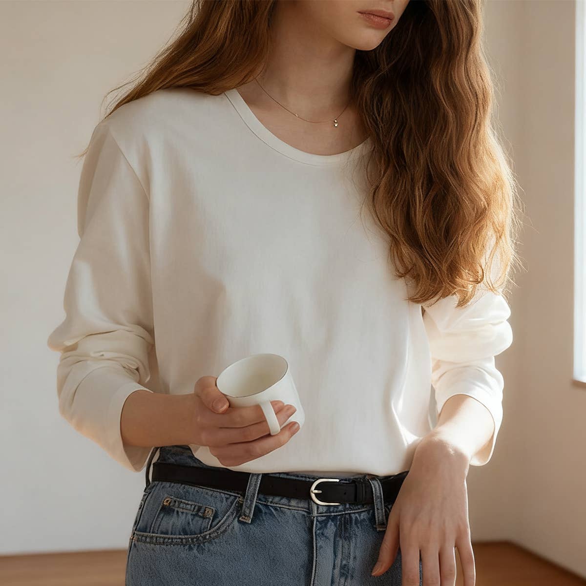 Cotton round-neck off-the-shoulder sleeve shirt