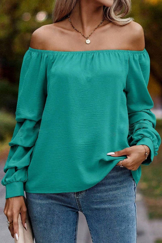CWTBLL4006_SOLID OFF SHOULDER KNOT SLEEVE LONG SLEEVE SHIRT