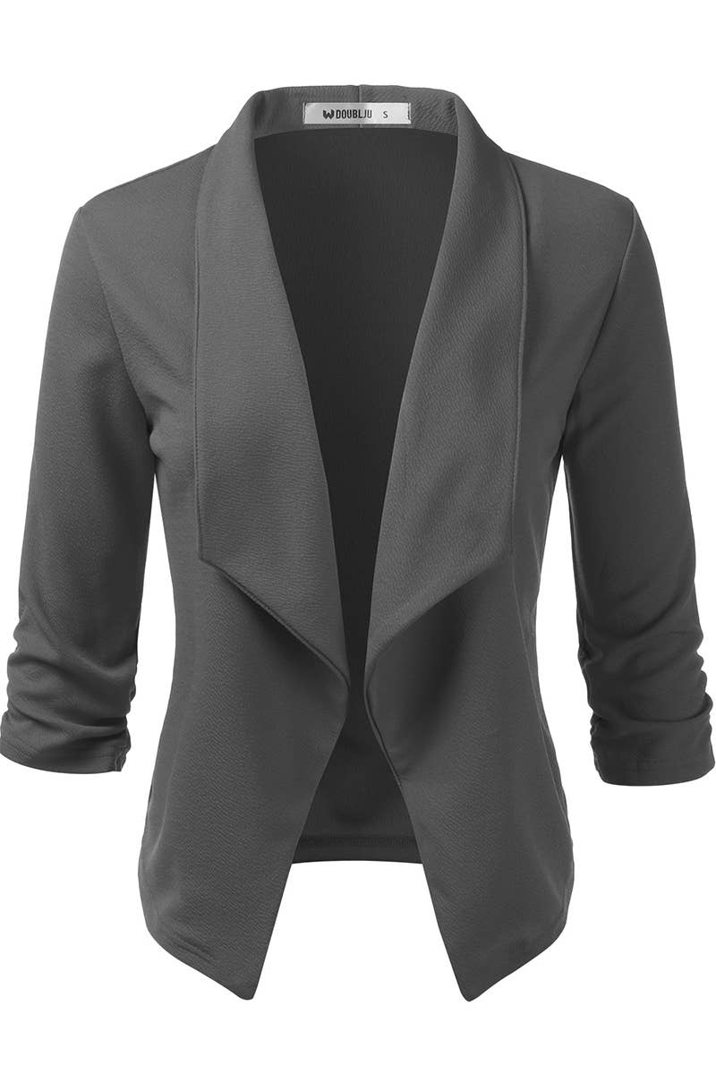 CWOBL091_Casual Work Ruched 3/4 Slv Open Front Blazer Jacket