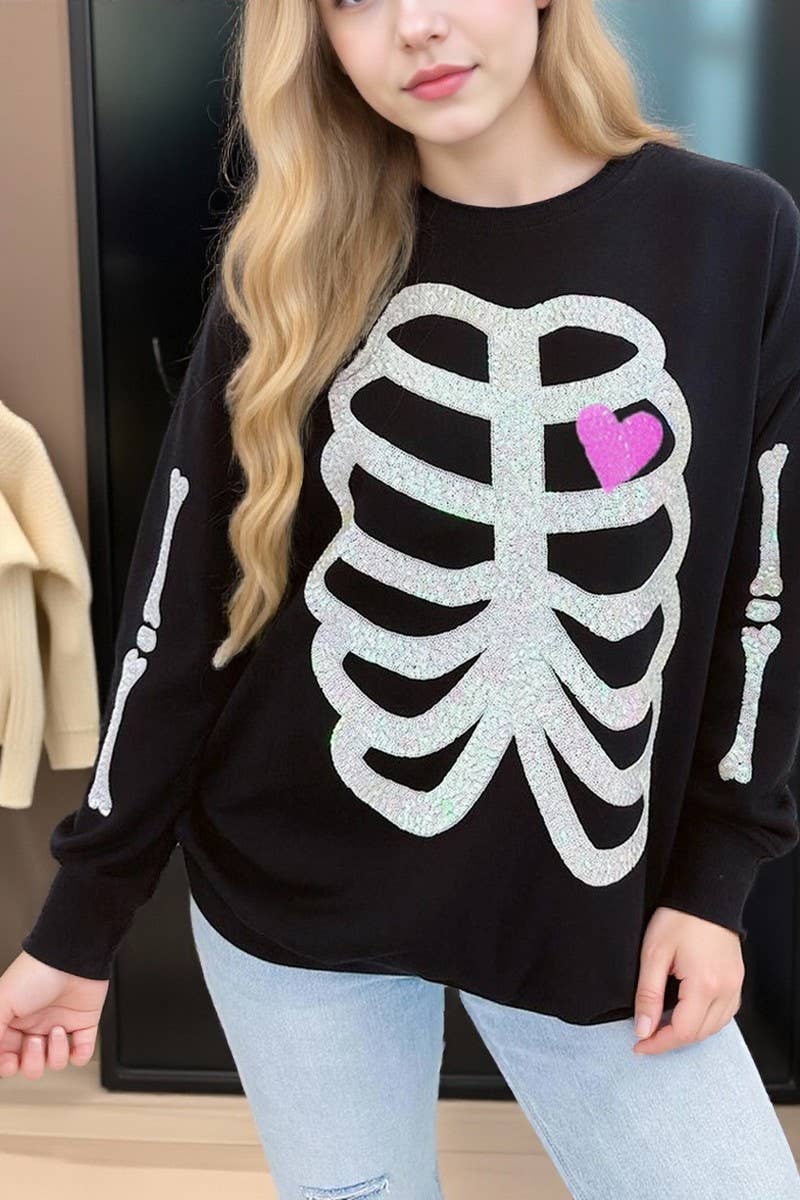 CWTBLL01245_HALLOWEEN SEQUIN SKELETON LONG SLEEVE SWEATSHIRT