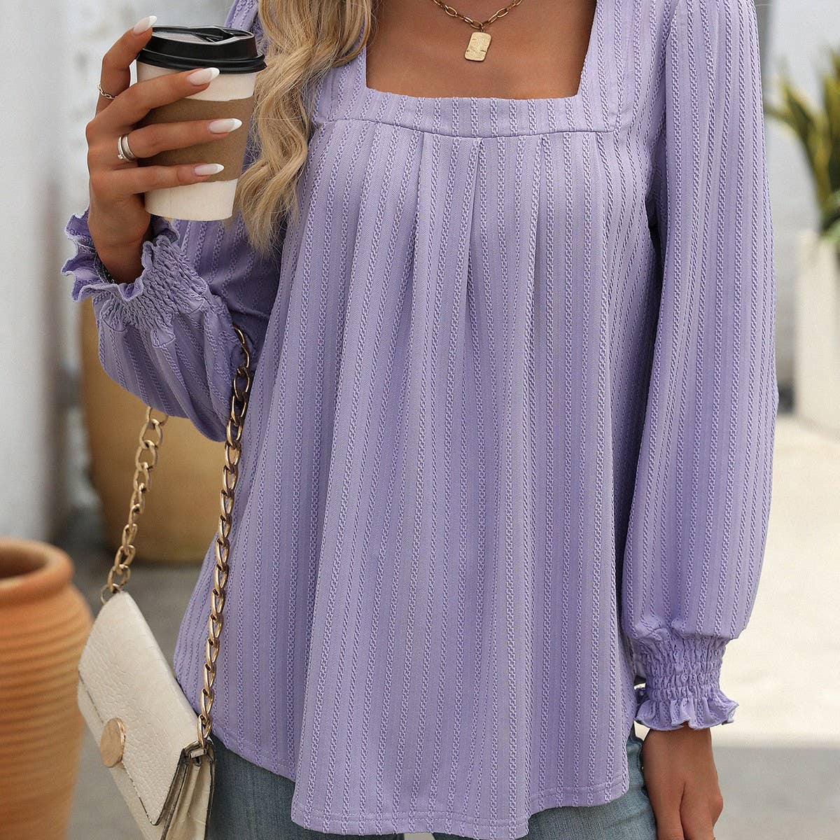 Casual square neck pleated long sleeve T-shirt