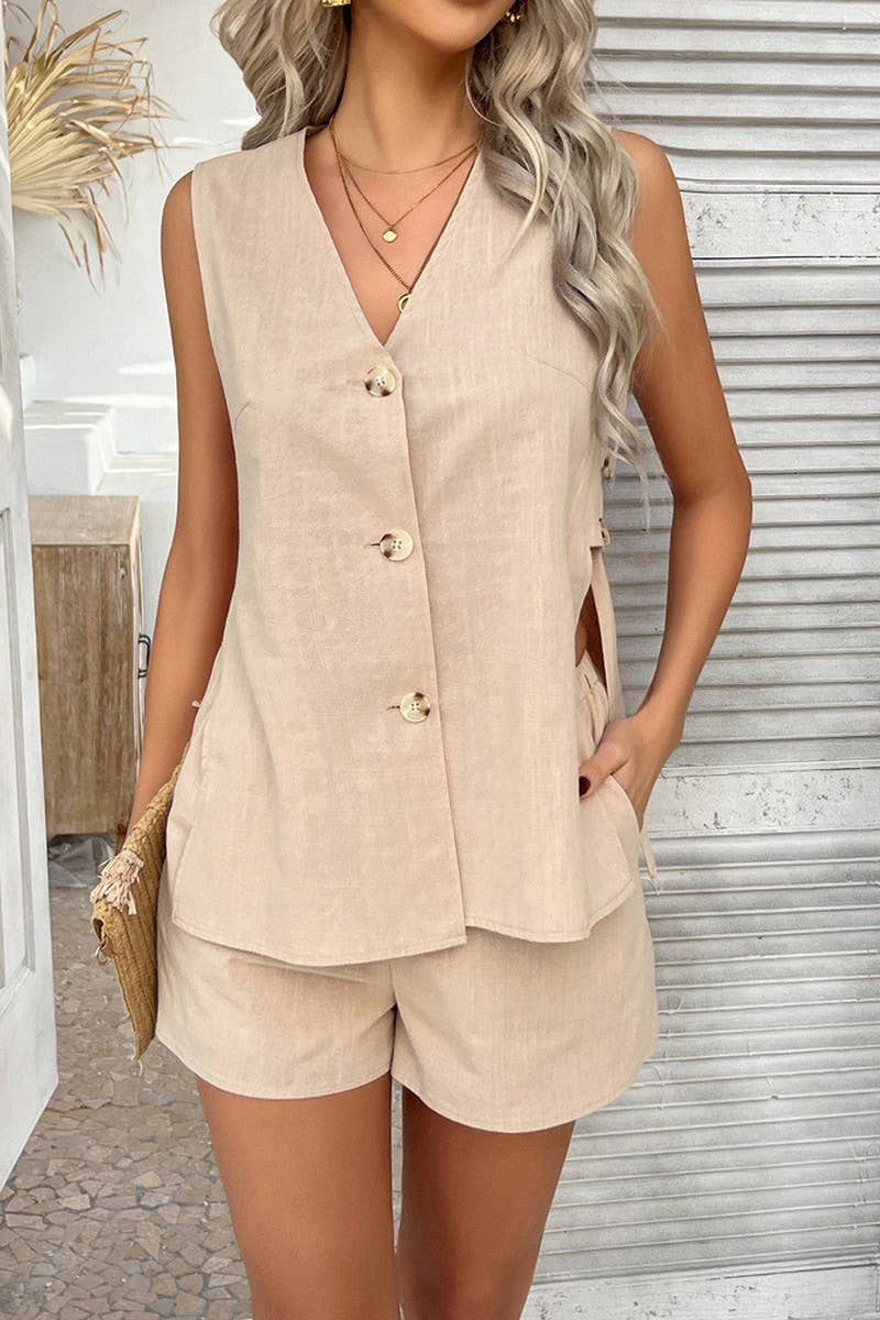 CWSS1192_CASUAL HOLIDAY STYLE SOLID COLOR VEST SHORTS SUIT
