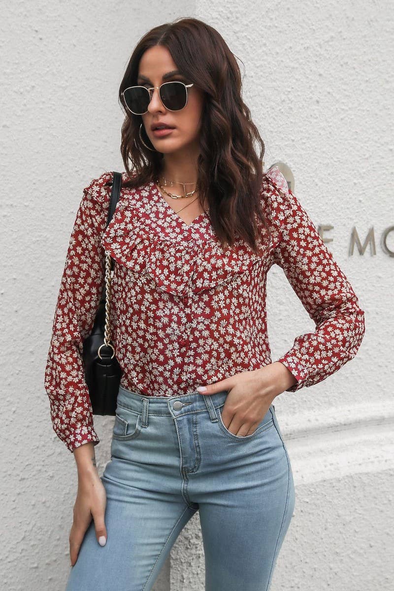CWTBLL0708_V-Neck Ruffle Long Sleeve Print Blouse