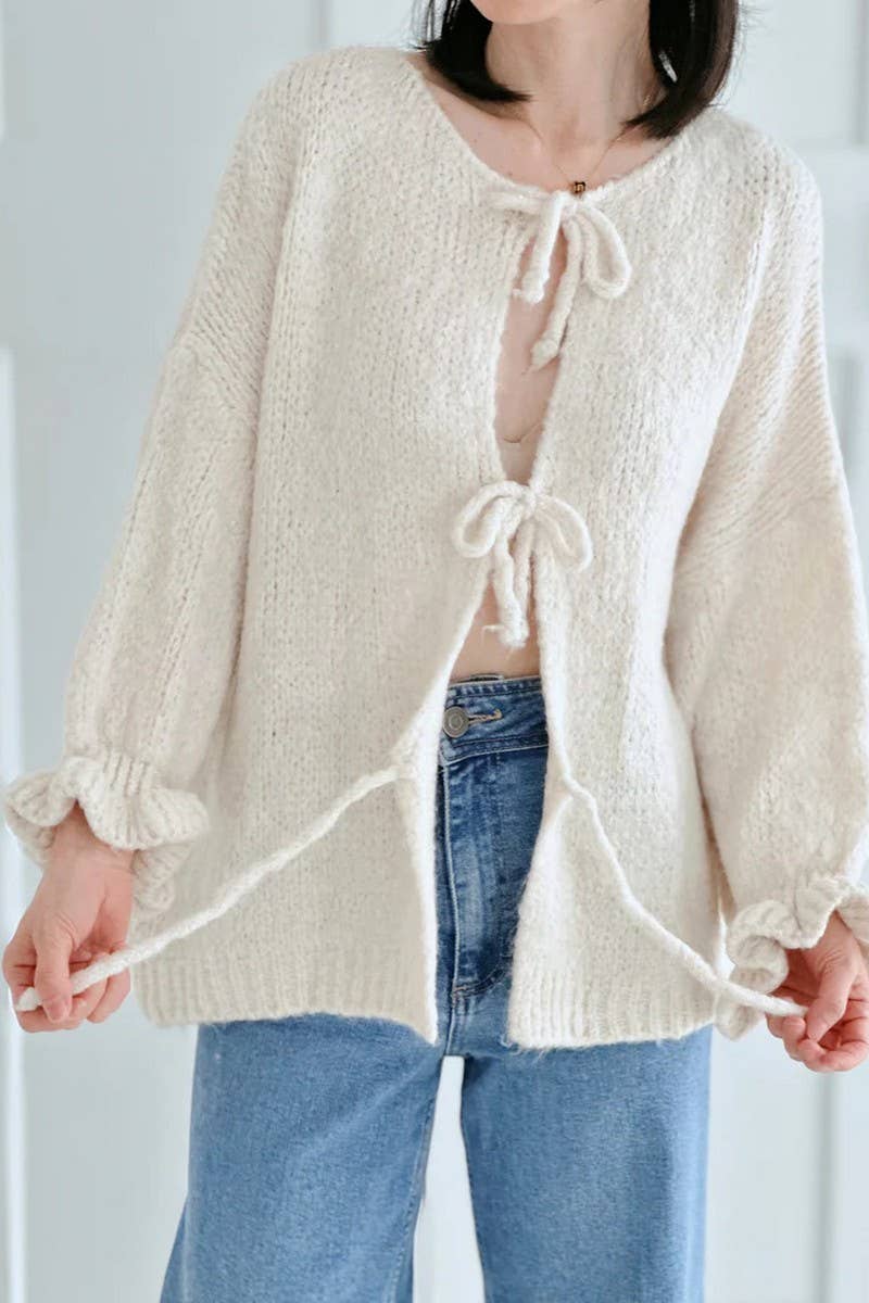 CWOSWL6748_SOLID COLOR LACE-UP PETAL CUFF KNIT TOP