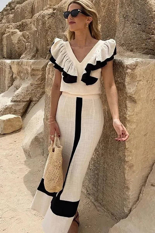 CWSTB1390_V-NECK SHORT-SLEEVED RUFFLED LONG SKIRT SUIT