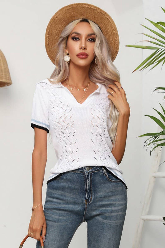 CWOSWS0065_V-Neck Short Sleeve Sweater Top