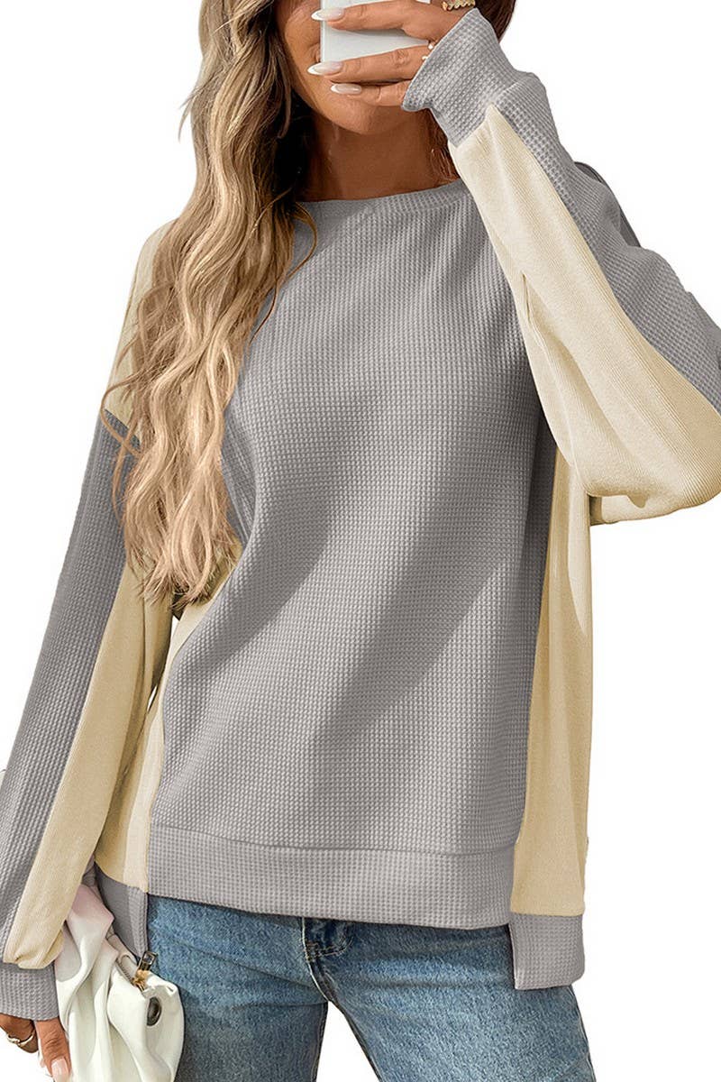 CWTBLL00833_COLORBLOCK CREWNECK WAFFLE KNIT LOOSE TOP
