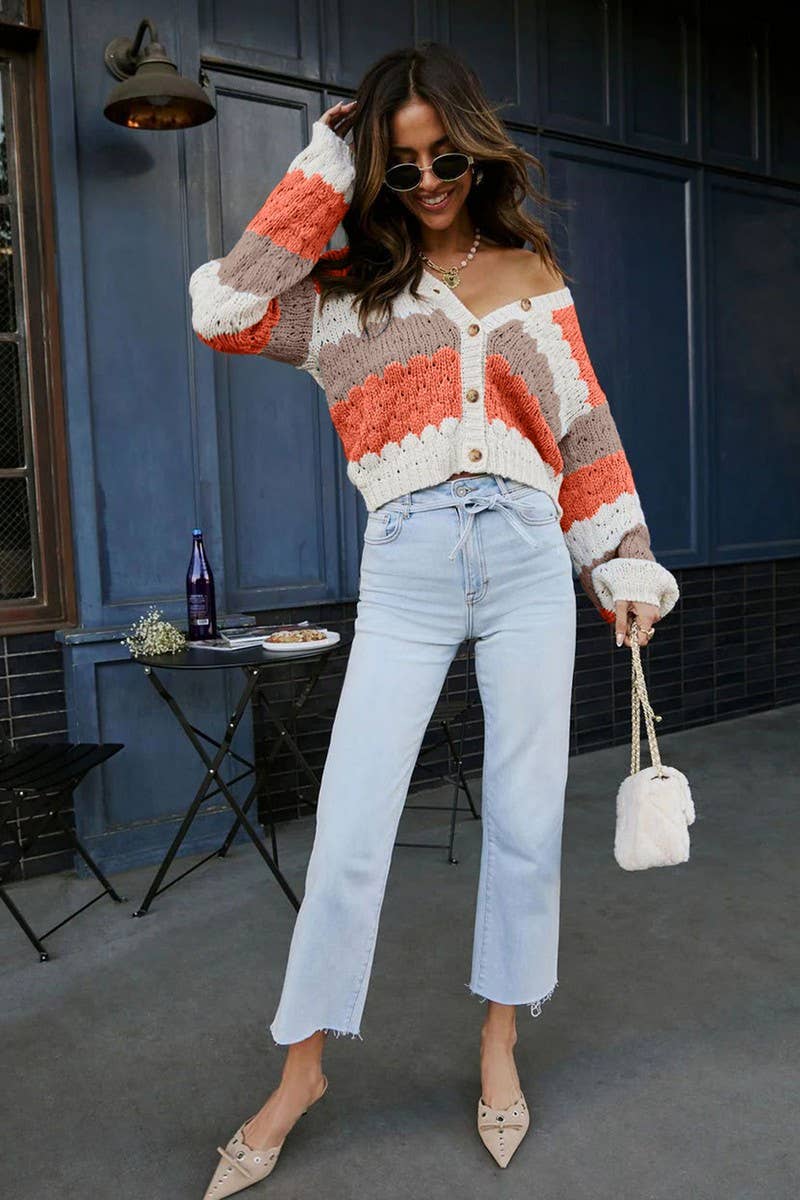 CWOCAL2358_COLORBLOCK V-NECK KNIT BUTTON CARDIGAN