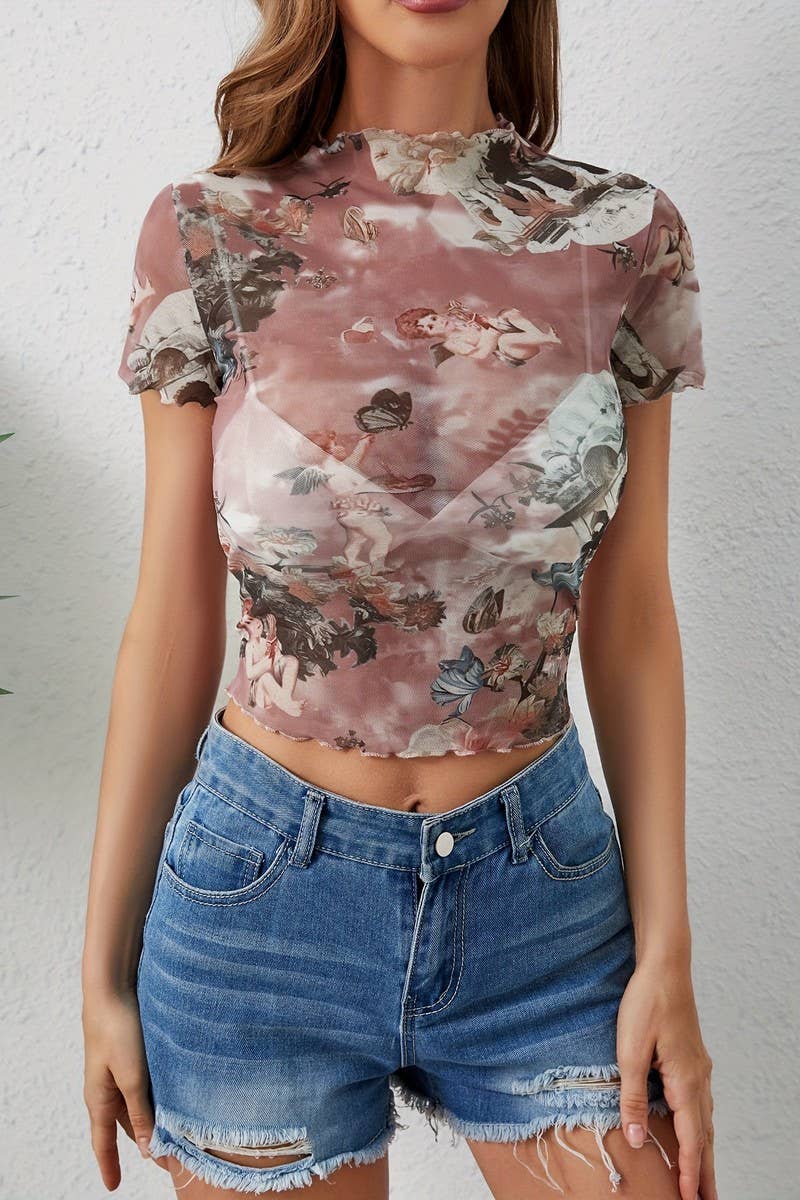 CWTBLS1534_MESH PRINTED RUFFLED SHORT SLEEVE T-SHIRT TOP